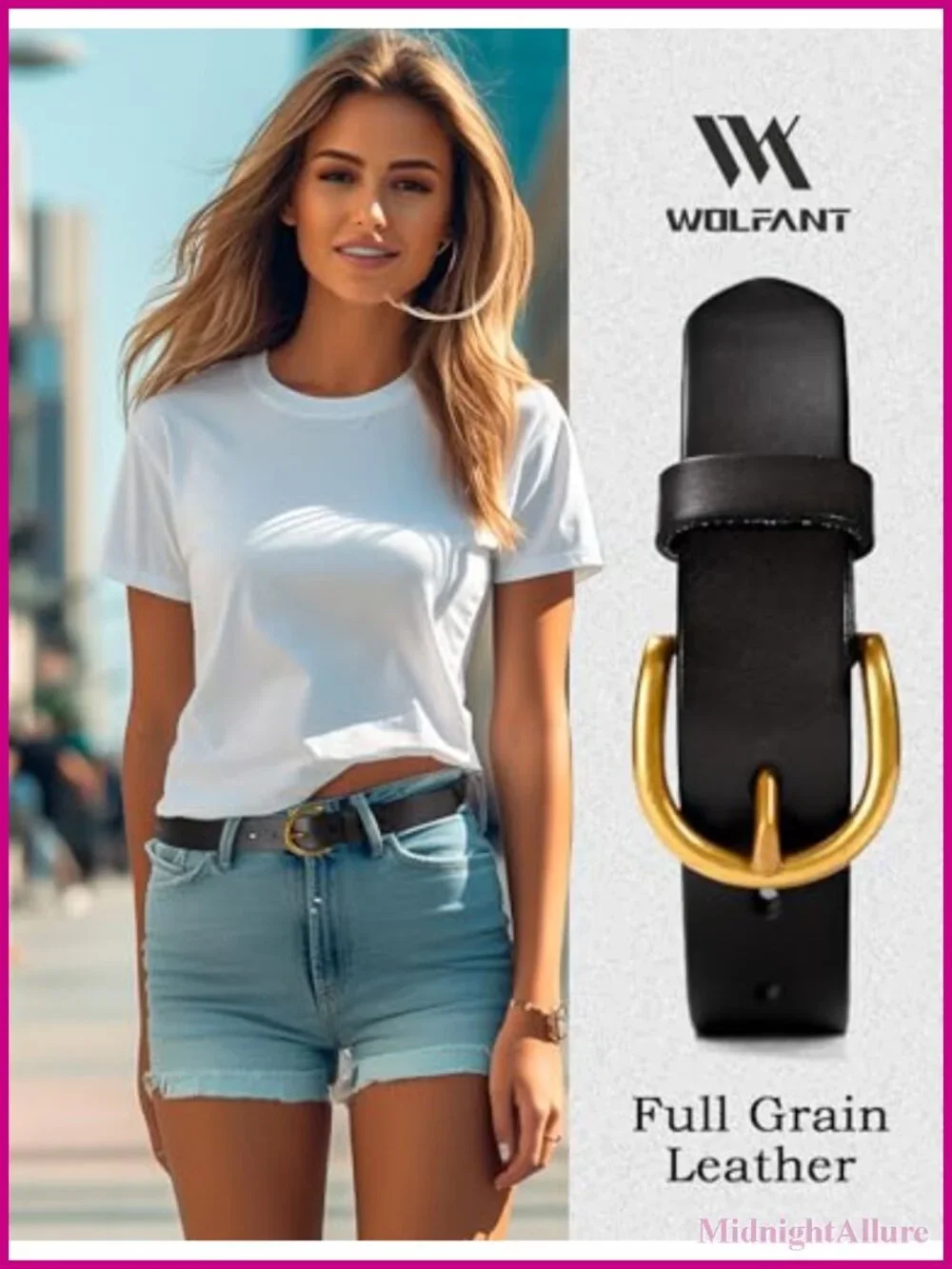 Italian Full Grain Leather Women's Jeans Dress Belt with Gold Buckle